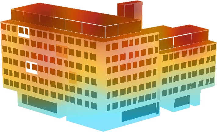 Rendu illustratif d'un bâtiment avec un dégradé de température, risque de surchauffe estivale marqué en toiture